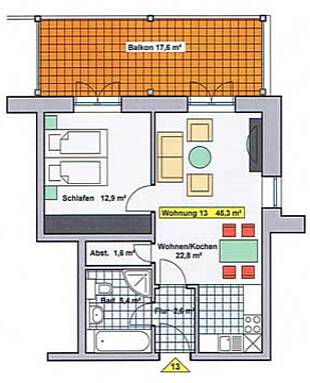 Grundriss der Ferienwohnung 13 in der Villa Wagenknecht